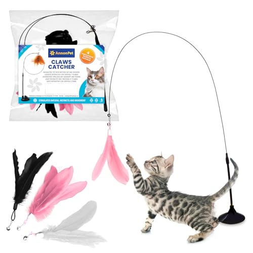 AnnonPet® Claw Catcher Interaktives Katzenspielzeug mit Saugnapf, 4 Ersatzfedern, stimulierendes Spielzeug für Katzen im Haus, Zubehör für Katzen, interaktives Spielzeug mit Zauberstab von AnnonPet