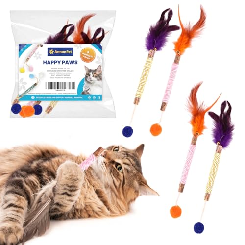 AnnonPet® Happy Paws Set mit 4 interaktiven Sticks mit natürlichem Katzengras, Spielzeug für Katzen mit Federn und Ball, Zubehör für Katzen und Kätzchen von AnnonPet