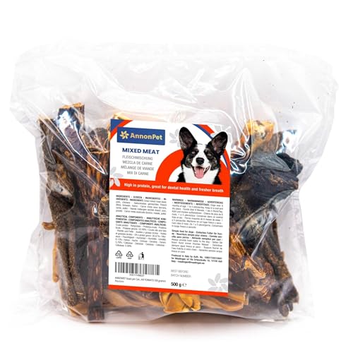 AnnonPet® Hundesnack Mix Trockenfleisch Schwein, Rinder, Huhn. Ideal als Leckerli und Training. Kauen für Hunde Trockenfleisch Maxi Format von Annonpet