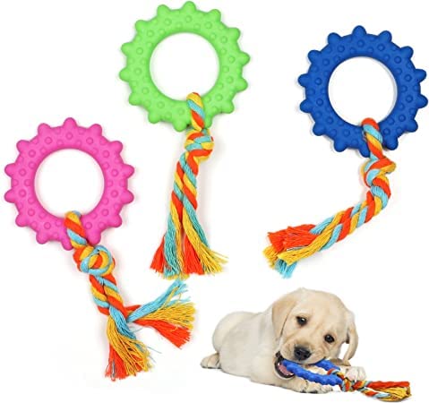 Anoudon Tikplus Welpen Kauspielzeug 3 Stück Gummi Hundespielzeug mit Baumwollseilen, Interaktives Hund Welpen Spielzeug für Kleine Hunde ​Zahnpflege, Mittelgroße Welpen (Rosa/Grün/Blau) von Anoudon