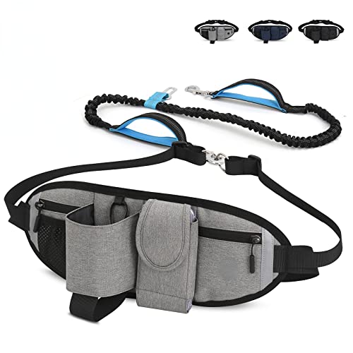 Hands Free Dog Leine, Taille Hund läuft Leine für mittlere bis große Hunde, einziehbare Bungee Hände frei Leine für Walking Jogging Training Wandern, verstellbare Taille Gürtel, Dual Handle (Grey) von Anoudon