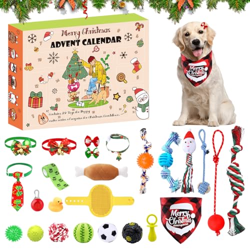 Hunde-Adventskalender 2024, Weihnachts-Hundespielzeug, Kauseile, quietschende Bälle, Beißspielzeug, Hundefliege, Halsbänder, Bandana, 24 Set, Weihnachts-Countdown-Kalender, Geschenk für Hundewelpen von Ansee