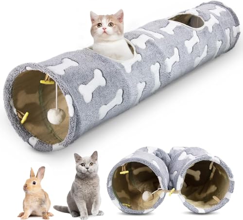 Gerader Katzentunnel für Indoor-Katzen, Katzenspieltunnel, Katzen-Plüsch-Tunnel, zusammenklappbar, mit Katzenspielzeug-Ball für Kätzchen, Welpen, Kaninchen, Kaninchen und kleine Hunde von Anseom
