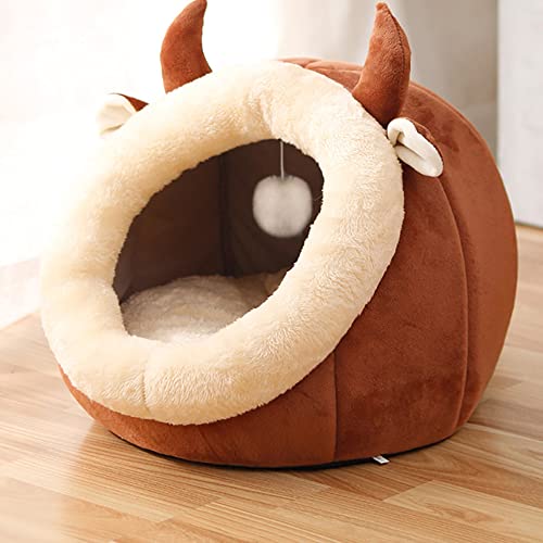 AnsonBoy Nette Weiche Katze Bett Warm Haustier Haus Gemütliche Höhle Kittenlieger Kissen Waschbare Katze Bett Matte Pet Zelt,Brown Cow,S (30X29X26cm) von AnsonBoy