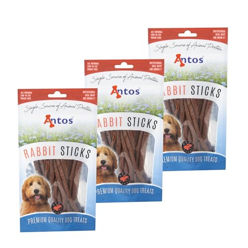 Antos Hundeleckerli - Kaninchen Stäbchen - Kausticks - 90% Kaninchen - fettarm nur 2% Fett - Diätfutter - weich - 3 x 100g von Antos