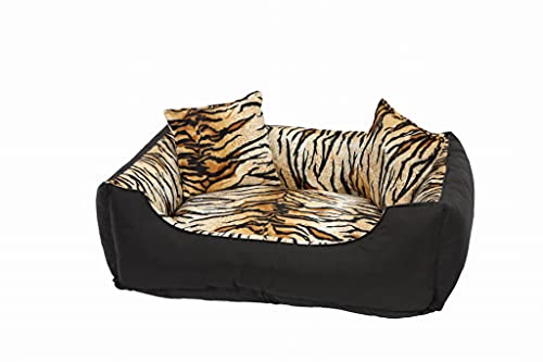 Antyki24 Glamour Hundebett waschbar klein - Hundekorb Bettchen für kleine oder mittlere Hunde - Samtstoff Hundebett mit Rand - Hundekorb Vintage Shabby mit Wendekissen in Größe M 75x55cm Tiger Muster von Antyki24