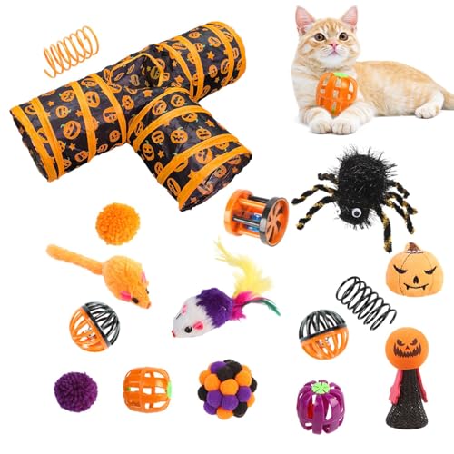 Anulely Halloween-Katzenkanal-Spielzeugset, 3-Wege-Katzentunnel-Set | Halloween 3-Wege-Kanaltunnel - Zusammenklappbarer Katzentunnel, Federstab, Kugelfedermäuse für Kaninchen, Hauskatzen von Anulely