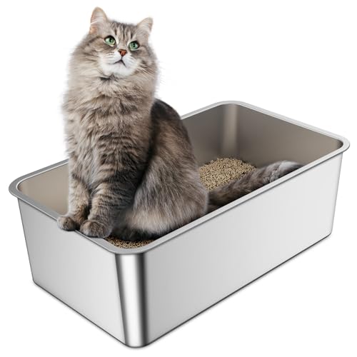 Anycoo Extra große Katzentoilette aus Edelstahl für große Katzen, 59,4 cm L x 39,6 cm B x 20,3 cm H mit hoher Seite, Katzentoilette kein Geruch, Metall-Klo nicht klebrig, leicht zu reinigen von Anycoo