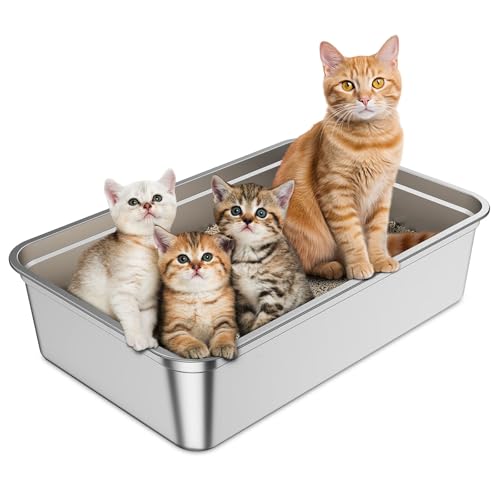 Anycoo Extra große Katzentoilette aus Edelstahl für mehrere Katzen, 69,8 cm L x 49,8 cm B x 15,2 cm H mit hoher Seite, große Katzentoilette, kein Geruch, Metall-Katzentoilette, antihaftbeschichtet, von Anycoo