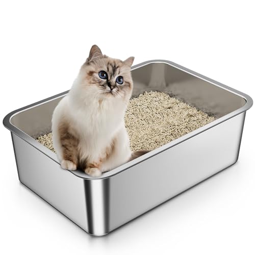 Anycoo Katzentoilette aus Edelstahl, klein, 44,5 cm L x 34,5 cm B x 10,2 cm H, Katzentoilette, Metall, kein Geruch, antihaftbeschichtet, leicht zu reinigen, rostfrei von Anycoo