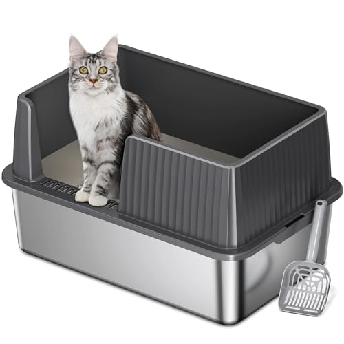 Anycoo Katzentoilette aus Edelstahl, mit hohen Seiten, extra große Metall-Katzentoilette für große Katzen, 60 cm L x 40 cm B x 30 cm H, leicht zu reinigen, geruchsabweisend, auslaufsicher von Anycoo