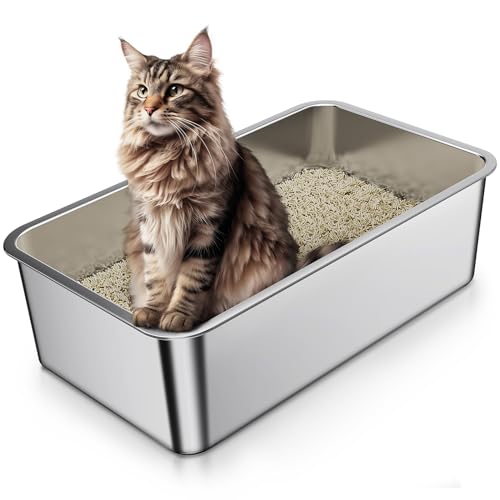 Anycoo Katzentoilette aus Edelstahl für Katze oder Kaninchen, Katzentoilette kein Geruch, Metall-Klo nicht klebrig, hohe Seite und leicht zu reinigen, rostfrei, 59,4 cm L x 39,6 cm B x 15,2 cm H von Anycoo