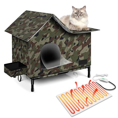 Beheiztes Katzenhaus, abnehmbare, erhöhte, wetterfeste Katzenhäuser für Outdoor-Katzen mit Heizkissen (Camo, groß) von Anysiny