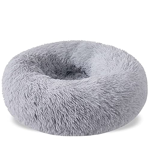 Aodafei Weiches Plüsch Haustierbett Hund & Katze Kissen Bett Körbchen Rund Donut Herausnehmbaren Waschbar,HellGrau,60 cm von Aodafei