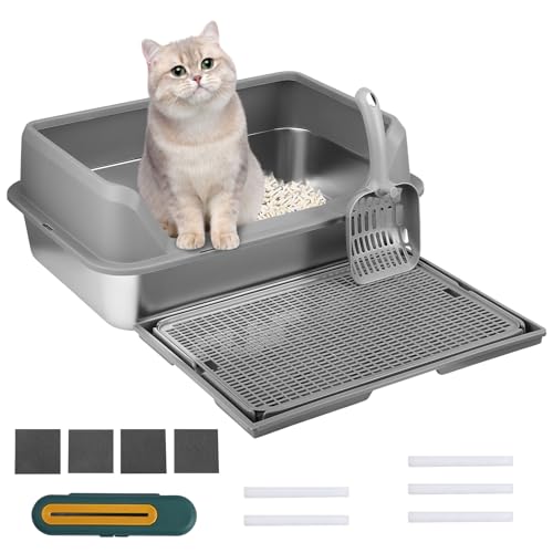 Aofesel Katzenklo Edelstahl Halbgeschlossen, 18 L Katzentoilette Edelstahl, Litter Box Stainless Steel mit Großer Katzenstreuschaufel, Lufterfrischerbox und Anti-Leckage Sand Pedal, 50 * 35 * 20cm von Aofesel