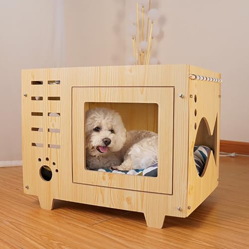 55 * 40 * 44cm Katzenhaus mit Matratze, Haustierhaus für Katzen, Haustiernest für Vier Jahreszeiten, Kleines Hunde-Katzenhaus, Vier-Jahreszeiten-Haustiernest Kitty Shelter, Katzenhaus aus Holz von Aohuada