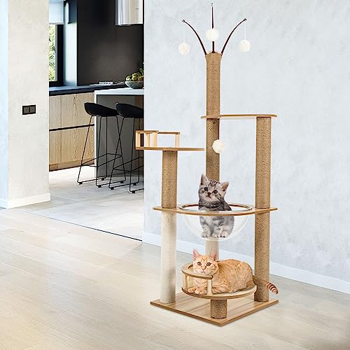 Katzen Kratzbaum, 132cm Katzenbaum Deckenhoch Kletterturm, mehrstöckige Katzenhaus, Stabil Katzenbaum Katzenkratzbaum, Katzenspielzeug, Plattformen, Liegemulde + Spielbälle von Aohuada