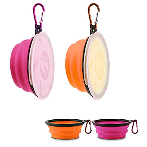 Aoliandatong 2 Stück Hundenapf Faltbar, Haustier Reisenapf mit Deckel und Haken, Tragbare Silikon Fressnapf, Hundeschüssel für Reise Spaziergänge Zwinger Camping(450ml, Orange und Pink) von YAMOOCO