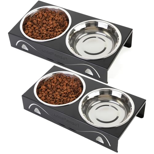 Futternäpfe für Katzen – Indoor-Set mit Metallständer, 5° geneigt, Anti-Erbrechen, breit erhöhter Futternapf, niedliche, erhöhte Futterstation für Futter und Wasser, 4 Edelstahlnäpfe für mehrere von Aomafamzoy