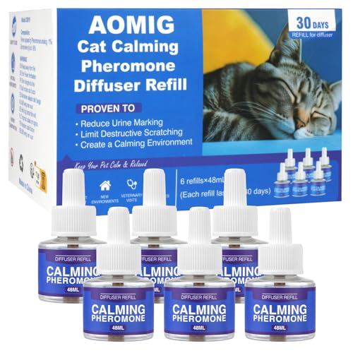 Aomig Beruhigungseinsatz für Katzen 6Pcs Nachfüllpackungen für Katzen Pheromon Diffusoren lindert Ängste und Stress Vorrat für Katzen Pheromone Beruhigungsdiffusoren Nachfüllungen (Universal, 288ml) von Aomig