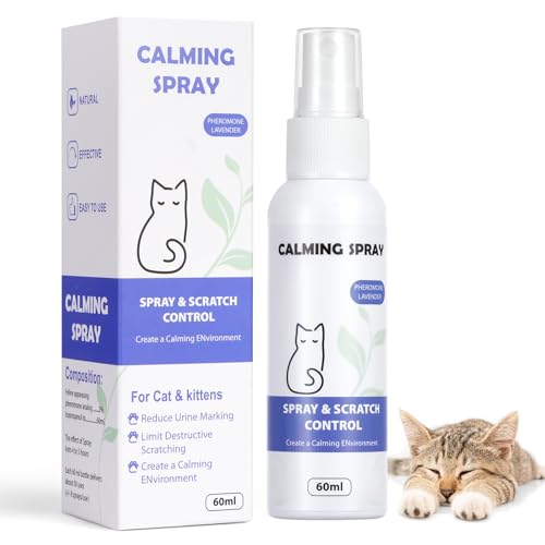 Aomig Beruhigungsspray für Katzen 1Pcs Beruhigendes Pheromon Set mit Stecker Lindert Ängste Stress Problemverhalten Gesichtspheromone für Katzen mit Beruhigender und Entspannender Reisen Freien (60ml) von Aomig