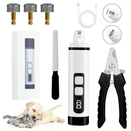 Aomig Krallenschleifer für Hunde 6Pcs Krallenschere Katzen 2 Geschwindigkeiten Elektrischer Hundekrallenschneider mit Ersatz-Schrubbkopf LED Digitalanzeige Leise Nagelschere Elektrische Nagelfeile (A) von Aomig