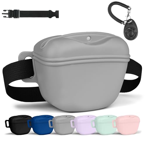 Aomig Leckerlibeutel für Hunde 3Pcs Hundeleckerli mit Trainingsklicker Gürtel Tasche Hundetraining Bauchtasche Hund Gassitasche Futterbeutel Hunde Gassigehen Hundetraining Silikon Trainingstasche Grau von Aomig