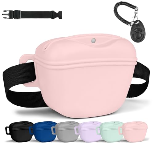 Aomig Leckerlibeutel für Hunde 3Pcs Hundeleckerli mit Trainingsklicker Gürtel Tasche Hundetraining Bauchtasche Hund Gassitasche Futterbeutel Hunde Gassigehen Hundetraining Silikon Trainingstasche Rosa von Aomig