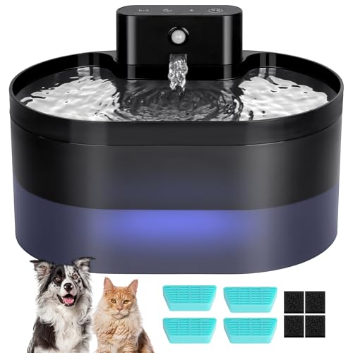 Aomig Trinkbrunnen für Katze 12Pcs Katzenbrunnen Kabellos mit Bewegungsmelder und Akku 2200mAh 2.2L Leicht zu Reinigender Wasserbrunnen für Katzen Ultraleise Katzentrinkbrunnen für Haustiere (Schwarz) von Aomig