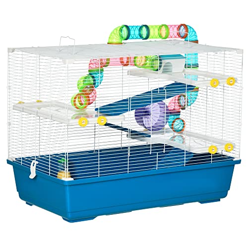 PawHut 4-stöckiger Hamsterkäfig mit Rad, Käfig und Röhren, Stahl, PP und PS Nagetierkäfig mit Tragegriffen, 79x46x60 cm, blau und weiß von Aosom Italy