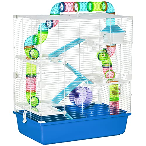 PawHut 5-stöckiger Hamsterkäfig mit Röhren, Käfig, Wassertank, Rampen, Schüssel, Plattformen und Rad, Nagetierkäfig mit 2 Stahlgriffen, PP und PS, 59x36x69 cm, blau und weiß von Aosom Italy