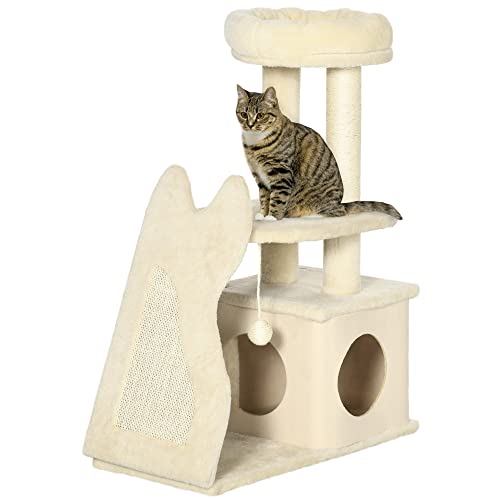 PawHut Adult Cat and Kitten Scratching Tree mit Matte und Sisalpfosten, Katzenkratzbaum mit abnehmbarem Haus, Bett und Ball, 60x30x83cm, Beige von Aosom Italy