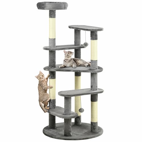 PawHut Cat Scratching Post mit Sisalpfosten, Kratzbaum mit Kissen, mehrstufigen Plattformen und Ball, Ø60x136cm, Grau von Aosom Italy