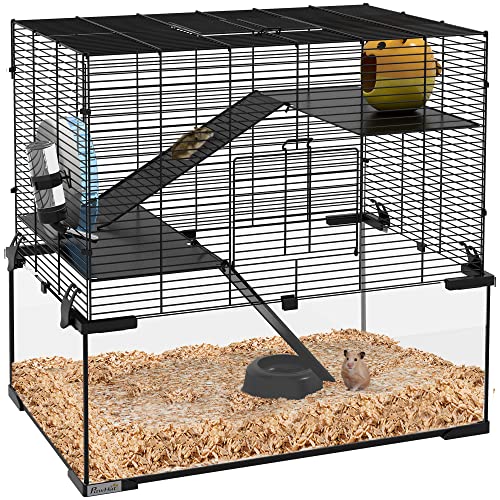 PawHut Hamsterkäfig, Stahldraht- und Glaskäfig für Hamster, Gerbils und Kleintiere mit Rad, Plattformen, Rampen, abnehmbarem Boden, Flasche und Futter, 60x40x57cm, Schwarz von Aosom Italy