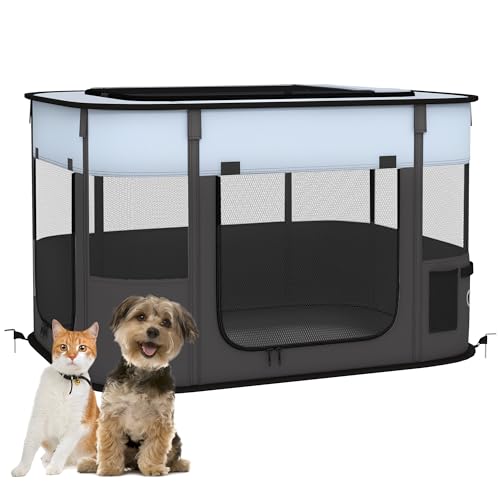 PawHut Haustierbox mit 7 Fenstern, 3 Türen und 2 Aufbewahrungstaschen, Oxford-Gewebe und Stahl-Hundegehege, 84x64x53 cm, Grau Blau Schwarz von Aosom Italy