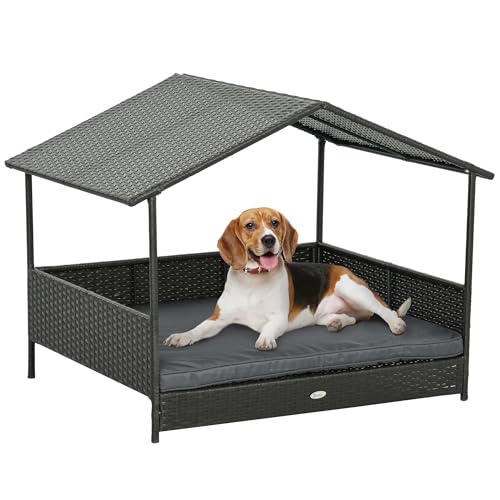 PawHut Hundehütte in Form einer erhöhten Hütte mit abnehmbarem Kissen und Geländer, Hundehütte aus PE-Rattan und Stahl, 117 x 85 x 89 cm, grau und dunkelbraun von Aosom Italy