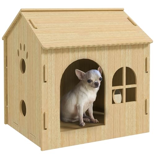 PawHut Indoor-Hundehütte mit Fenster und Vordereingang, Hundehütte aus Holz, 49,5x41x51 cm, Farbe Eiche von Aosom Italy