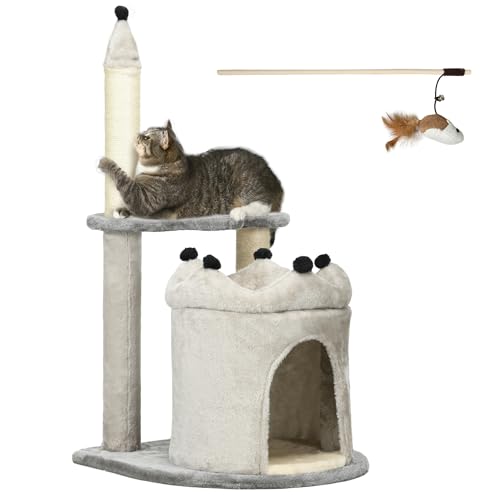 PawHut Katzenkratzbaum Höhe 86cm, mehrstöckige Katzenstange mit Haus und Bettchen, Plüschbeschichtung und Spielzeug, grau von Aosom Italy