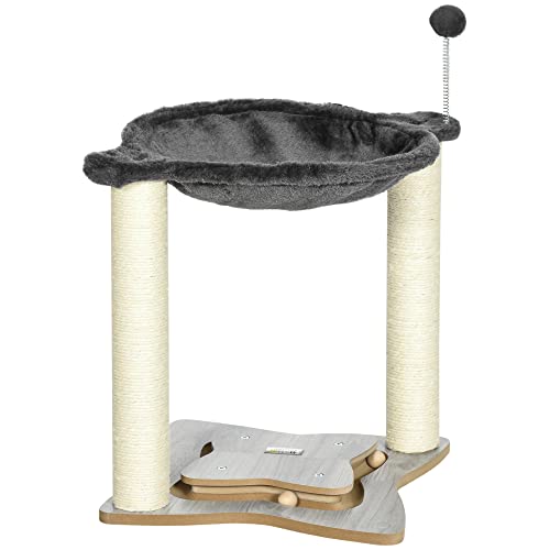 PawHut Katzenkratzbaum max 5kg mit Hängematte, Spielbällen und Sisalstangen, MDF und Plüschkatzenturm, 53,5x53,5x66cm, Grau von Aosom Italy