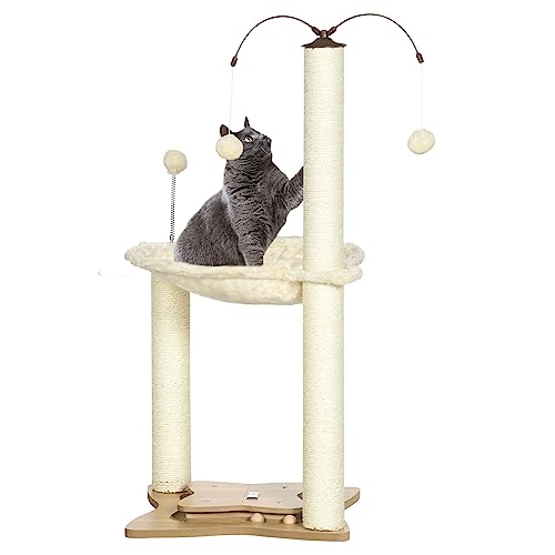 PawHut Katzenkratzbaum max 5kg mit Hängematte, Spielbällen und Sisalstangen, MDF und Plüschkatzenturm, 53,5x53,5x90 cm, Beige von SPANISH AOSOM