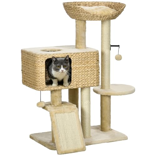 PawHut Katzenkratzbaum mit Haus, Sitzstange und Spielball, Katzenturm aus Holz, Polyester, Sisal und PP-Baumwolle, 60x40x95 cm, braun und beige von Aosom Italy