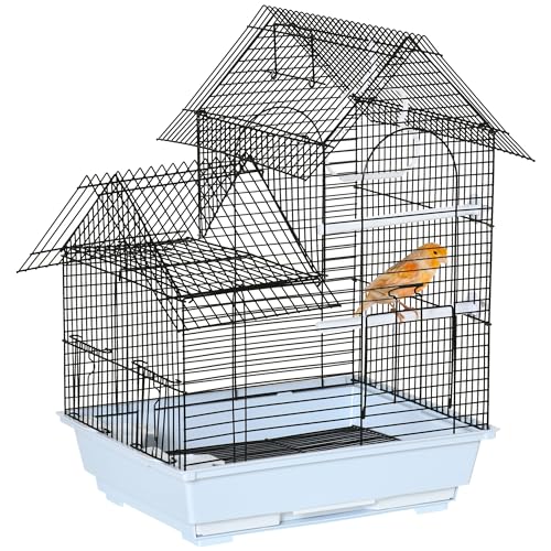 PawHut Metall-Vogelkäfig mit Griff, Haus mit abnehmbarem Tablett, Heringen und Plastikschaukel, 39x33x47cm, Weiß von Aosom Italy