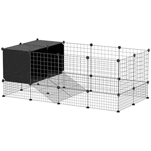 PawHut Modularer Kleintierkäfig mit 2 erhöhten Häusern, Innengehege für Kaninchen, Meerschweinchen und Igel mit 31 Paneelen, schwarz von Aosom Italy