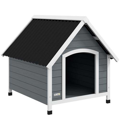 PawHut Outdoor-Hundehütte aus Holz, große Hundehütte mit herausnehmbarem Boden und geneigtem Dach, 84x99x87cm, grau von Aosom Italy