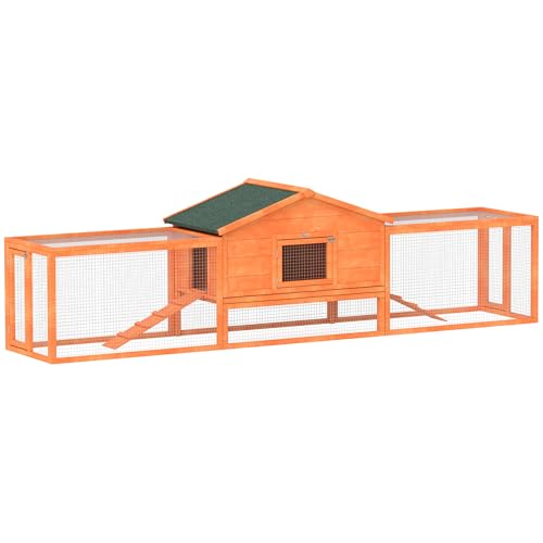 PawHut Outdoor-Kaninchenstall mit Haus und 2 Ställen, Kaninchen- und Kleintierkäfig mit Rampen, 309x69,5x87cm, Orange von Aosom Italy