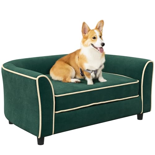 PawHut Stilvolles Hundesofa für kleine und mittelgroße Hunde mit Kissen, Hundesofa aus Stoff mit Samteffekt und Holz, 79x56x35 cm, dunkelgrün von Aosom Italy