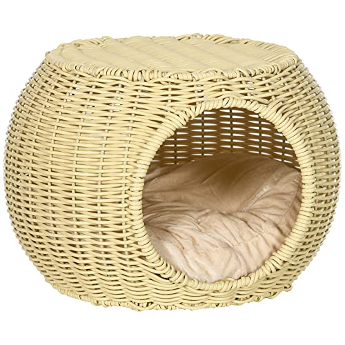 Pawhut 2-Schicht Rattan PE Katzenhaus, Katzenzwinger mit waschbarem Kissen, Ø40x30cm, Beige von Aosom Italy