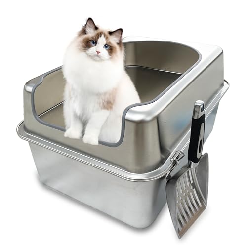 Aothey Katzentoilette aus Edelstahl mit Metalldeckel und Schaufel - Geschlossene Metalltoilette für Katzen, Rostbeständig, Geruchskontrolle, leicht zu reinigen, langlebig & langlebig mit rundem Rand von Aothey