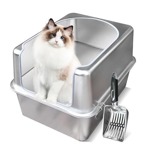 Aothey Katzentoilette aus Edelstahl mit Metalldeckel und Schaufel - Geschlossene Metalltoilette für große Katzen, rostbeständig, geruchskontrollierend, leicht zu reinigen, langlebig & langlebig mit von Aothey