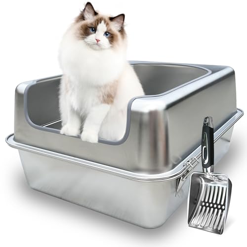 Aothey Katzentoilette aus Edelstahl mit Metalldeckel und Schaufel – Geschlossene Metalltoilette für große Katzen, rostbeständig, geruchskontrollierend, leicht zu reinigen, langlebig & langlebig mit von Aothey